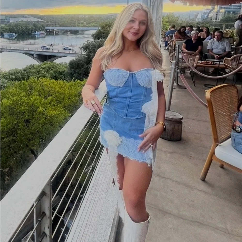 PrettyLittleThing Blue and White Lace Denim Dress - Picture 2 of 2